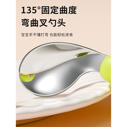 WCZ德国宝宝子婴幼儿学吃饭训练儿童自主进食不锈钢辅食 新款小恐龙绿_叉勺组合【含收纳
