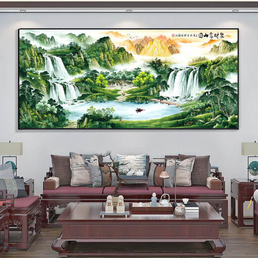 牧子喜行沙发背景墙挂画2025最新款大气壁画山水风景画靠山图挂画办公室画 CT-3889【山水聚财】 亮面有机玻璃】成品 280*110cm 尊贵黑框