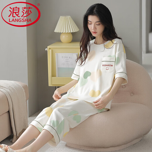 
LangSha high-end pajamas for women in summer pure cotton short-sleeved cropped pants can be worn on the outside sweet and casual cotton women's home clothes 9855 breastless pads [100 pure cotton] M Recommended 80-100Jin [Jin equals 0.5 kg]
