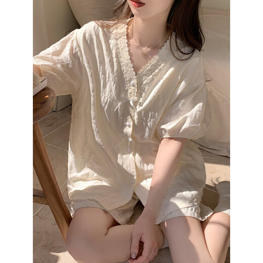 Calculat/Keen(CALCULAT/KEEN) CK2025 new style solid color short-sleeved pajamas for women in summer sweet and simple cardigan home clothing set 9225XI solid color lace apricot color [fixed chest pad] L