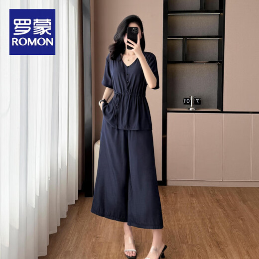 罗蒙（ROMON）宽松遮肉套装女夏款时尚减龄天丝短袖上衣+九分阔腿裤两件套 黑色两件套 2XL 【135-155斤】