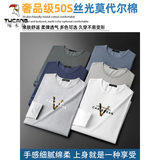 啄木鸟（TUCANO）2025春秋长袖t恤男薄款莫代尔棉秋衣黑色潮流印花打底衫内搭上衣 白色 (15123) M (适合95-115斤)