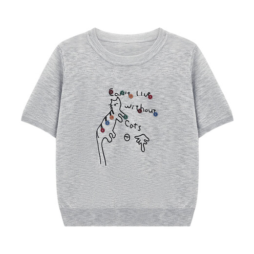 Basic House, einhundert lustiges Muster kurzärmeligter Pullover für Frauen, Sommer neu dünn lose einfaches Top, grau m
