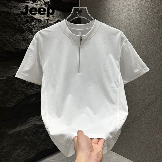 Jeep Spirit Camiseta de manga corta para hombres 2025 Tendencia de verano Semi-Zipper Cool Color sólido Camiseta versátil Versátil Negro 1585 Modelo M 95-120Jin [Jin iguala 0.5 kg]