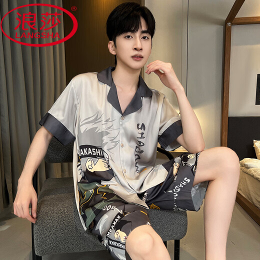 LangSha (LangSha) cool mulberry silk short-sleeved men's pajamas 2025 summer cartoon animation can be worn for boys' home clothes suits. Ice silk 6627 L (suggested height 170 and weight 100-