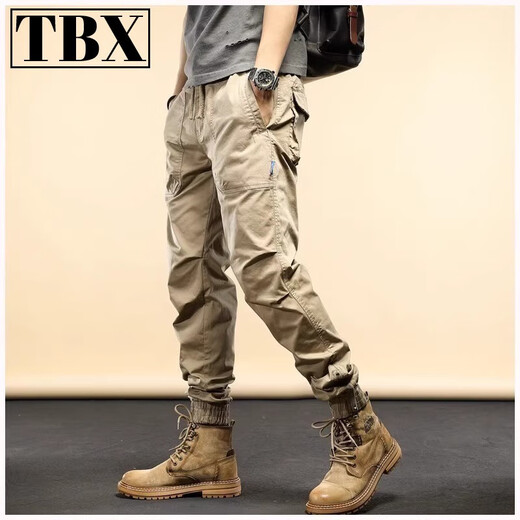 FHHUABD high-end functional work pants for men's spring and autumn 2024 new men's pants tied feet casual long pants for men's winter plus velvet 679 khaki spring and autumn 28 95-110Jin[Jin equals 0.5 kg]