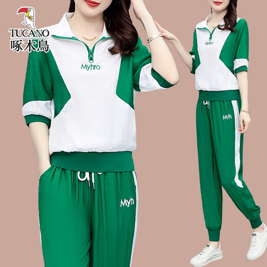 啄木鸟冰丝休闲套装女士2025夏季新款宽松大码时尚减龄短袖运动服两件套 (1389)白色 M (建议100斤以下)