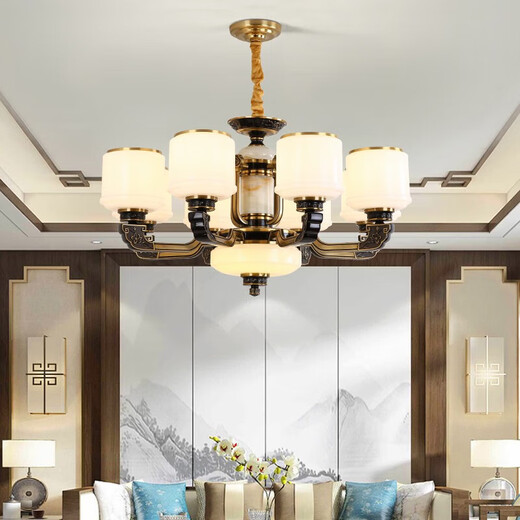 Opp's new Chinese dustproof chandelier home atmospheric living room lamp modern simple dining room lamp Zen warm bedroom LED lamp 9902-6 head
