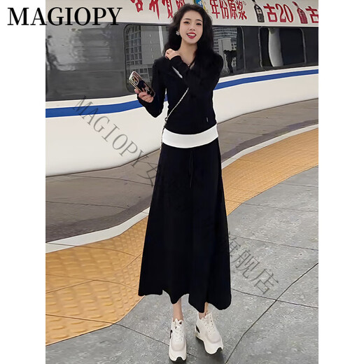 MAGIOPY国际奢侈高档品牌时尚减龄休闲运动套裙女2025春季韩版黑色假两件 黑色两件套 XL(121-130斤)