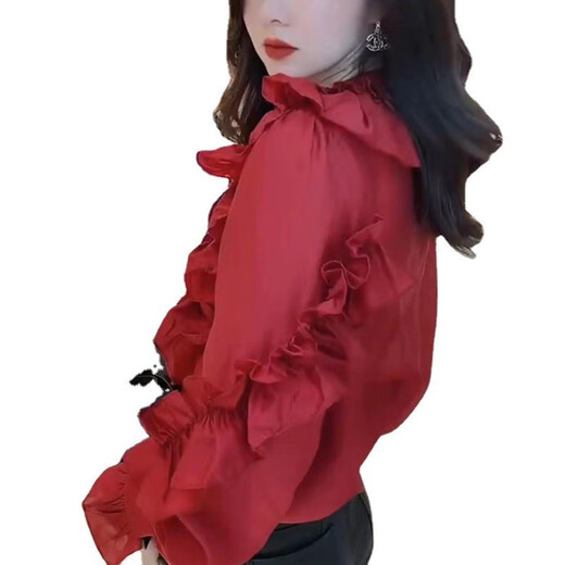 FHHUABD9857大爱美依缘2025秋季新款圆领压褶荷叶边长袖衬衫女上衣红色衫 红色上衣 M