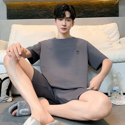 莫代尔男士睡衣纯棉三件套夏季短袖短裤长裤大码四季款套头家居服套装 ljf6621男-乌羽色 M 165()建议穿着体重100-120斤