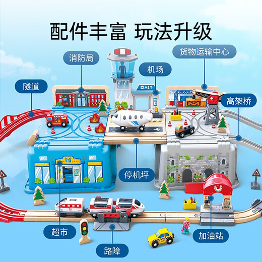 HAPE Train Track Toys Structure de piste en bois Blocons de construction de 3 à 6 ans Cadeaux de la journée pour enfants Set de stockage du centre de transport [avec tête de véhicule électrique]