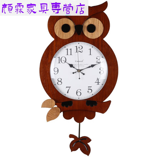 CLCEY创意时尚儿童房卡通客厅挂钟现代简约静音挂表时钟猫头鹰石英钟表 9215 d款原木霸王机芯 14英寸直径35.5厘米