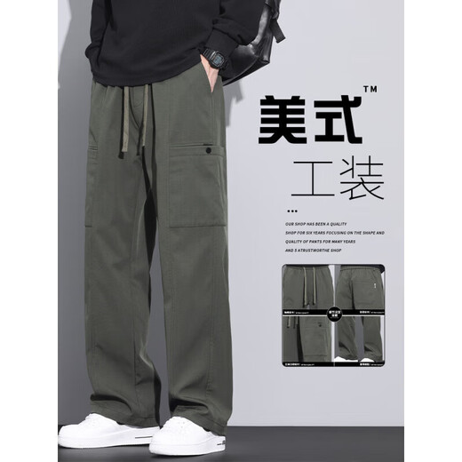 凡客诚品美式潮牌工装裤子男宽松直筒伞兵裤2025春季新款运动休闲长裤 9856-军绿色 M 【商家】90~110斤