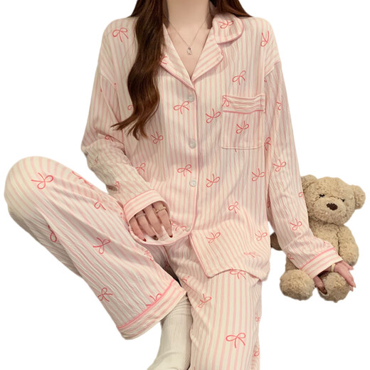 南极人皱皱布睡衣春季款甜美少女条纹长袖韩版休闲可外穿家居服套装 套KK3523# M 170 【建议80-100斤】