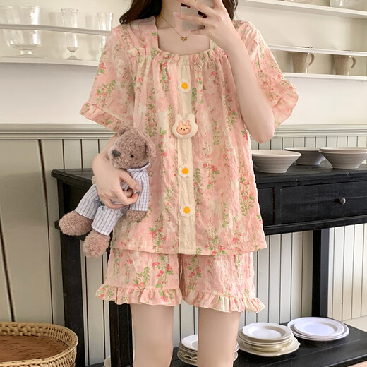Hengyuan Xiangyun Baumwollpyjamas für Frauen im Sommer mit Brustpolstern, kurzen Ärmeln, losen großer Prinzessinstil-Studentin Student Home Clothing Set 9902-1 M (80-100Jin [Jin Equals 0,5 kg])