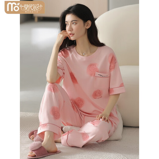 Victoria's Style Pyjama für Frauen im Sommer Baumwolle kurzärmelige Hosen für dünne, komfortable reine Baumwollsommer-Sommer-Frauen-Heimkleidung können außerhalb von Anzug YZT9711 Short.Sleeved Long.Trouser M 80-100jin [Jin gleich 0,5 kg]