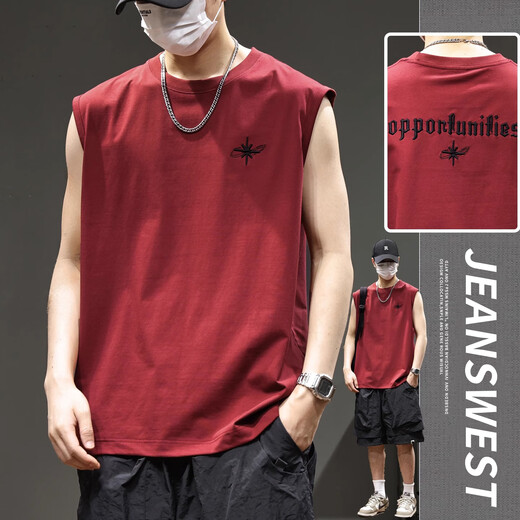 JEANSWEST American chopping vest T-shirt for men's summer thin loose knitted fitness wine red ice silk quick-drying short-sleeved top 2991 wine red [cool and skin-friendly] XL [recommended 130-150Jin [Jin equals 0.5 kg]]