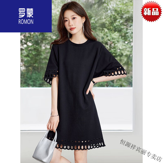罗蒙（ROMON）高端慵懒风宽松遮肚子胖mm黑色显瘦百搭休闲短袖连衣裙女超好看t 高档品牌+黑色+女装十大品牌 M