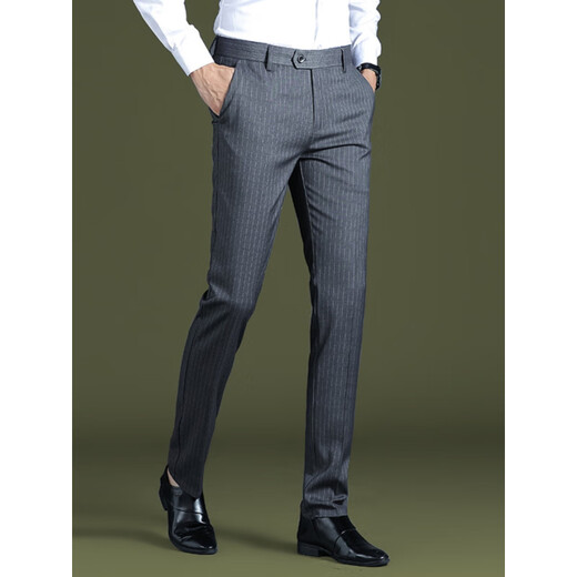 
Goldlion striped trousers for men 2025 new ice silk straight slim casual pants draped business formal suit summer thin 9902-Gray stripes-Summer thin 29