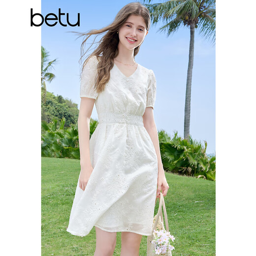 百图betu女装2025夏季新款短袖连衣裙镂空绣花法式收腰裙子女2506T42 杏色 M