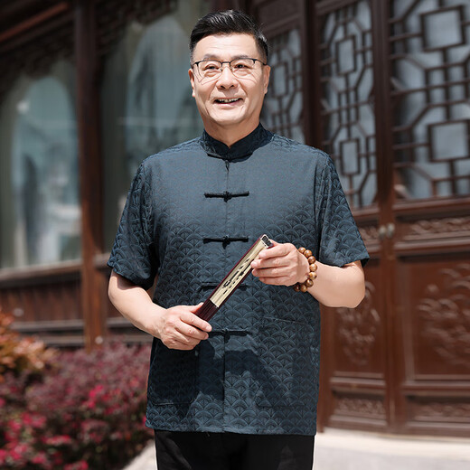 Hawit Old Man Ice Silk Tang Anzug Ein komplettes Set von Männern mittleren und älteren Kurzärärmelen-Dads Sommer-Freizeitanzug chinesischer Großvater Anzug Green [Top nur] S 3895-115jin [Jin ist 0,5 kg]