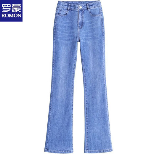 Romon gerade Glockenboden Jeans Frauen hohe Taille 2025 Neue Frühlings- und Sommer-Frauenhosen elastische Taille schlampige Hose Lose 819-Blue-Zipper 26