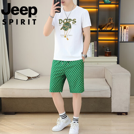 吉普（JEEP）短袖套装男夏季新款潮流休闲时尚男士圆领烫钻t恤休闲两件套 T9909黑色【短袖+短裤】 M 90-110斤