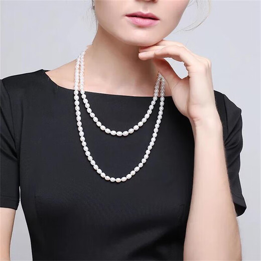 Carboman Feng Chengxiang Freshwater Pearl Sweater Chain Long Double-layer Necklace for Women as a Gift for Mom Rice Pearl Long Necklace 6-7mm