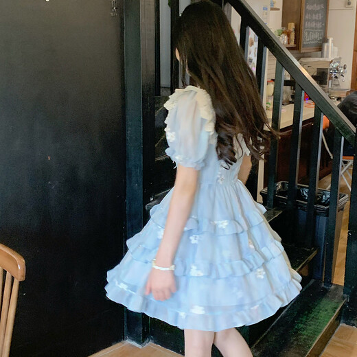 Yu Shang Zhen Produits Nouveau petit homme français en été super fée, robe à gâteau floral sucré robe, robe respirante mince [bleu M]