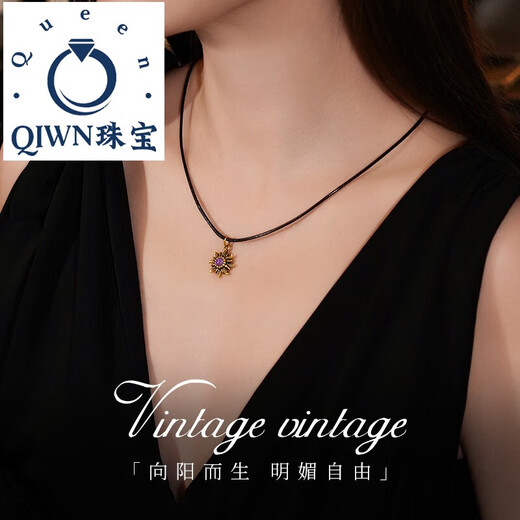 QIWN2025 new black gold pendant inlaid with amethyst gold sunflower retro electric black flower sunflower pendant in stock