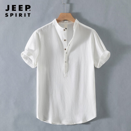 JEEP SPIRIT Henry collar linen short-sleeved shirt men's collarless men's cotton and linen shirt t-shirt top polo shirt summer Chinese style RC210 dark blue M