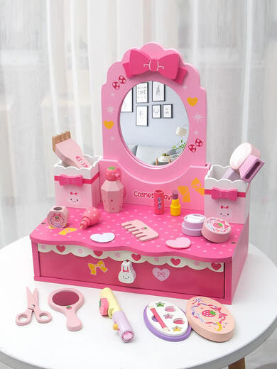 Wooden simulated children's dressing table house toy makeup table 3-4-5th birthday gift girl accessories box Makeup + hairdressing table