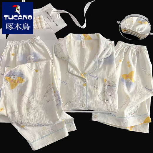 Woodpecker Japanese ins style summer short-sleeved pajamas for women pure cotton gauze three-piece set cute cartoon outside home clothes Yunduo Cotton-9906# Star Puppy Three-piece Set M [Suggested 75-100Jin [Jin equals 0.5 kg]]