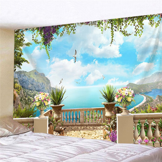 Vacation scenery window large background cloth wall decoration tapestry wall hanging cloth G1278 collection height * 150 width cm only comes with installation package