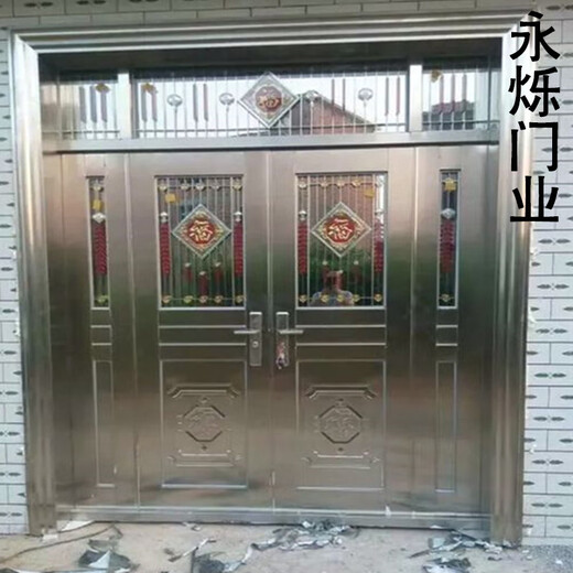OUOETY304不锈钢门农村自建房进户大门双开门玻璃入户不锈钢防盗门家用 钢灰色款式9923