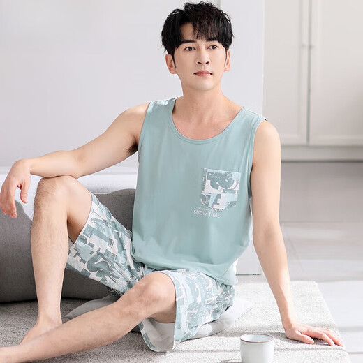 Aimu Meigui Pyjamas Herren Sommer Dünner ärmellose Shorts Heimkleidung für das einfache lässige Outfit für Männer M1048 Hellgrün M [Vorgeschlagen 100-120jin [Jin ist 0,5 kg]]