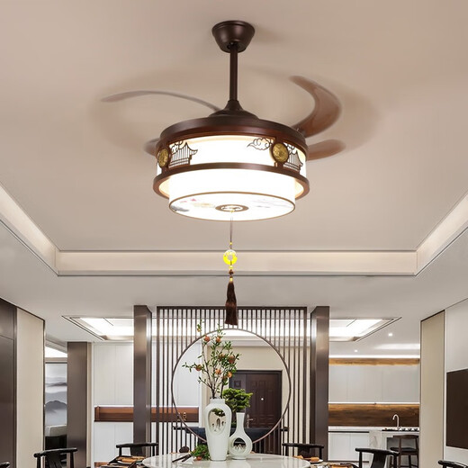 
New Chinese fan chandelier bedroom living room solid wood invisible home Chinese style retro fan frequency conversion restaurant chandelier 9898 three-color 48-inch DC frequency conversion silent pure copper