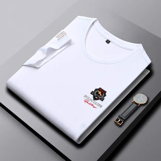 Soodu Shark short-sleeved T-shirt men summer solid color mercerated cotton Paul versatile round neck white [pa6176#] L 2x [160--180Jin [Jin equals 0.5 kg]]