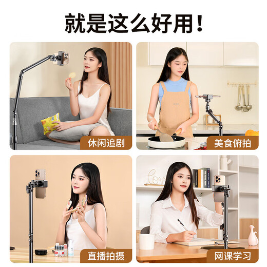 嘉柏兰手机支架落地直播支架懒人支架床头拍摄多功能俯拍可伸缩调节追剧拍视频万向支撑架 2.1米【碳素钢】手机夹+悬臂杆