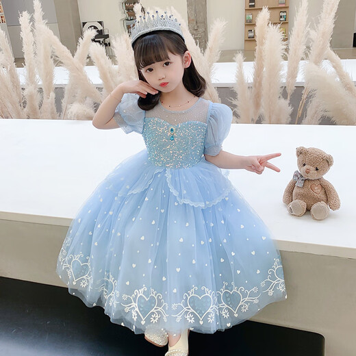 米诗德（MISHIDE）爱莎公主裙3-6岁夏新款爱莎公主裙夏季女童艾莎裙子爱沙新款儿童 [全套单裙+拖纱+发光裙撑+披肩+2 100 cm