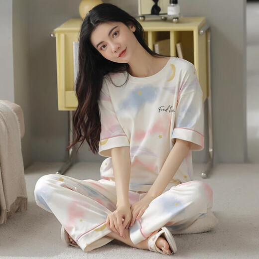 莫代尔夏季纯棉睡衣女短袖长裤全棉可外穿少女甜美休闲家居服套装 Z9712 M 码建议80-100斤穿