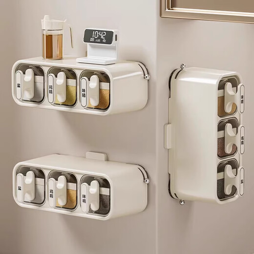 Home KATEI STORY Japanese moisture-proof seasoning jar seasoning box wall-mounted home kitchen high-end salt jar seasoning sealed storage box set wall-mounted three-compartment seasoning box-milk silver