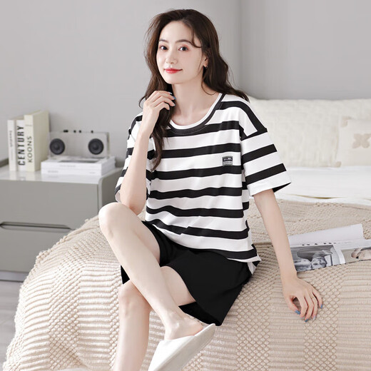 Pang Donglai 2023 women's summer pure cotton short-sleeved shorts for summer stripes can be worn outside home clothing suit YZT9885 M code recommended 80-100Jin [Jin equals 0.5 kg]