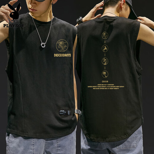 Playboy (PLAYBOY) Chaleco exterior de marca de moda de algodón puro para hombre, camiseta retro americana sin mangas de verano, chaleco atractivo y versátil de moda suelto BX1098 negro S (una talla más grande)