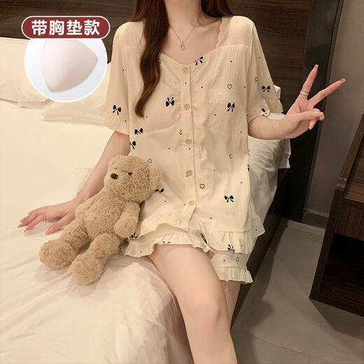 古今（GUJIN）夏季新品云朵棉睡衣女短袖短裤甜美蝴蝶结带胸垫外穿家居服送女友