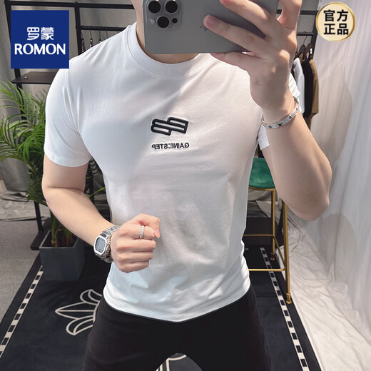 罗蒙（ROMON）欧洲站2025新款刺绣纯棉短袖T恤男士夏季感字母印花修身上衣 黑色 DF9905 M 【建议90-110斤】