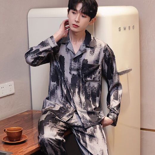 梦特娇（MONTAGUT）睡衣男士春秋款冰丝开衫长袖青少年薄款夏天印花可外穿家居服套装 xe双长6627#灰粽男 均码 l