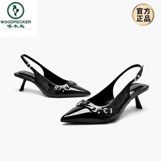 Woodpecker 2025 Été Nouveau chaton de cuir breveté noir Sandales à talons Sandales Toe Talon Slim Chaussures simples Points Talons hauts pour les femmes Black (3,5 cm) 9272 34