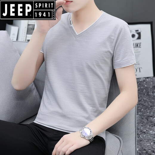 JEEP SPIRIT高端男士短袖t恤v领夏季新款修身纯棉男生半袖休闲时尚百搭上衣服 豆绿色659款 L 建议100-120斤